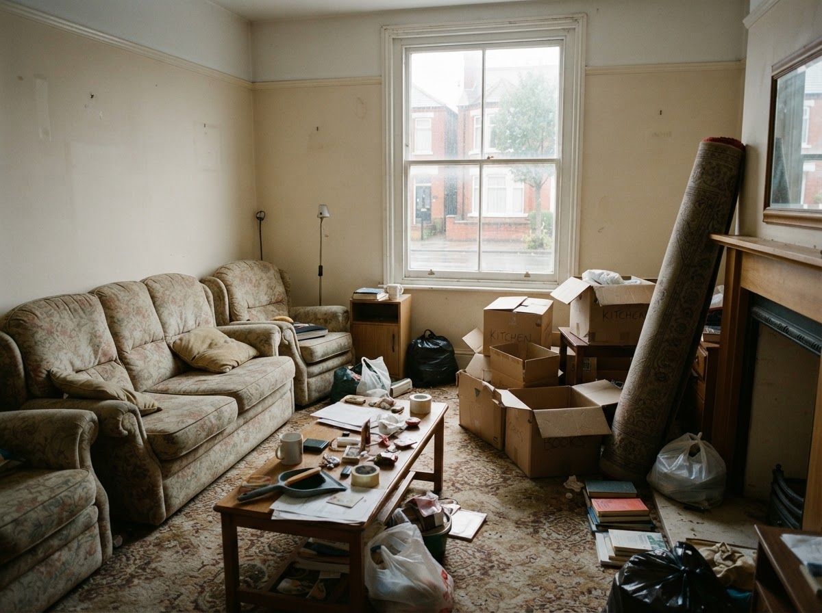 Living room mid house clearance with sofa, boxes and household contents being cleared