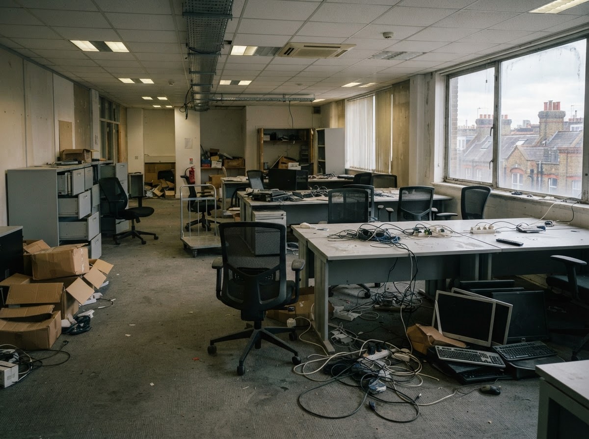 Office being cleared with desks, chairs and filing cabinets