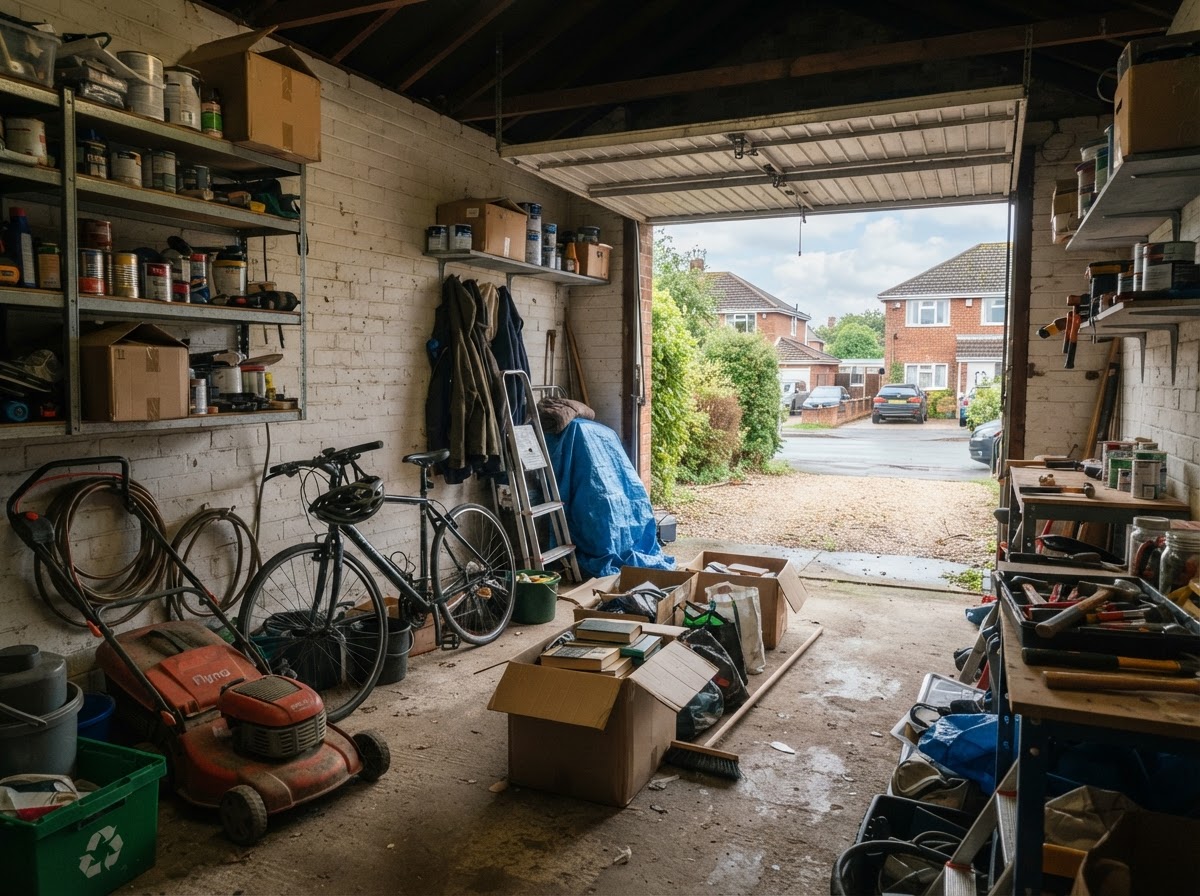 Garage clearance with tools, boxes and stored household items