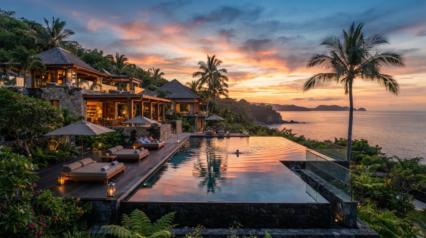Redefine Relax luxury wellness sanctuary pool at dusk