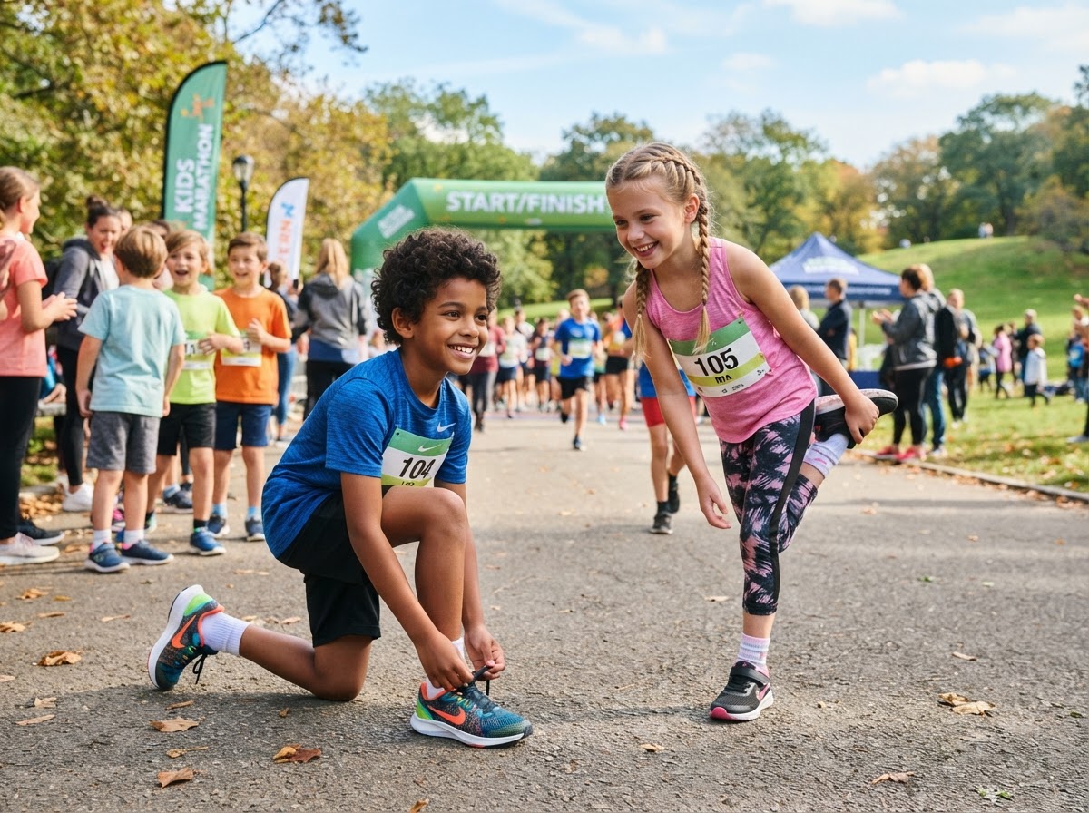 Happy young runners stretching and tying shoes before the kids marathon