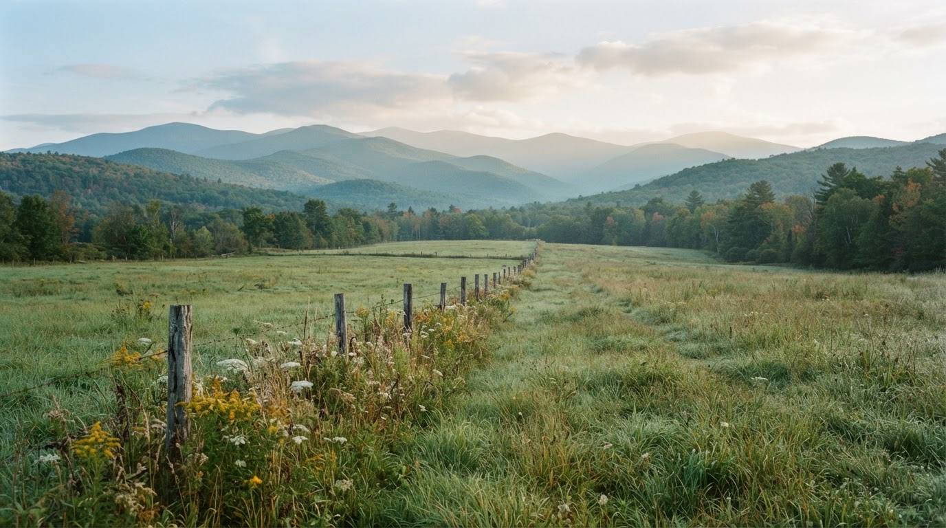 A long meadow with the Green Mountains
