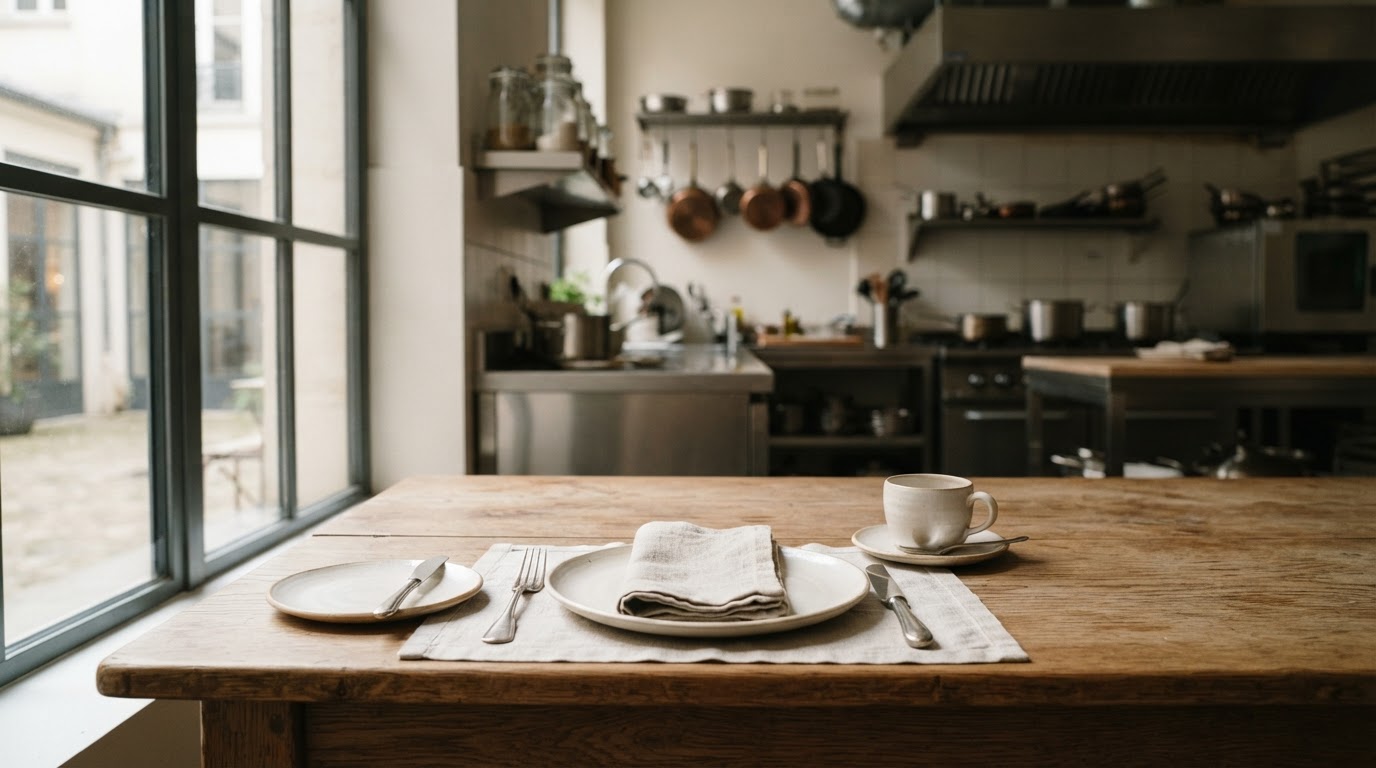 A simple set table in a commercial kitchen