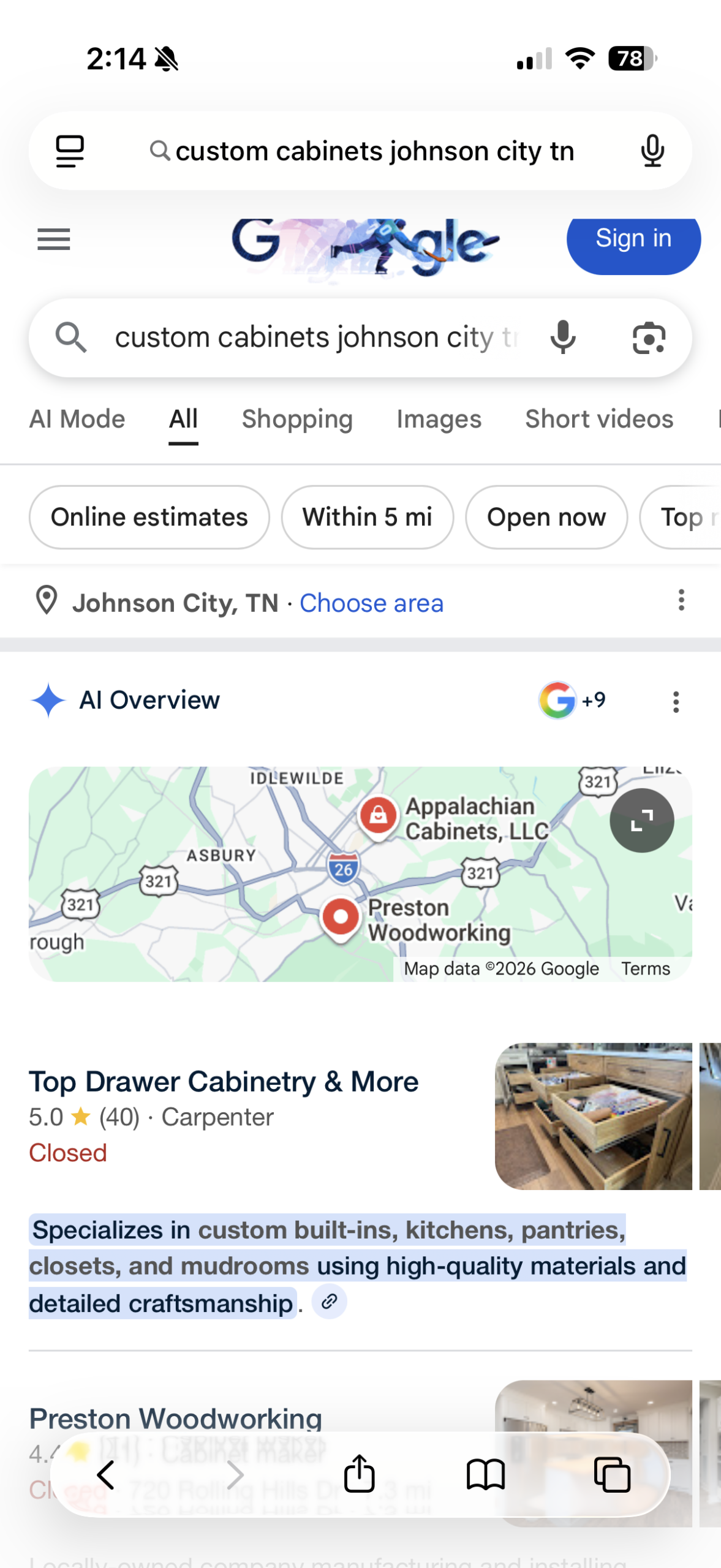 Top Drawer Cabinetry Google Map Pack and AI Overview ranking after 1-FIND local SEO in the Tri-Cities