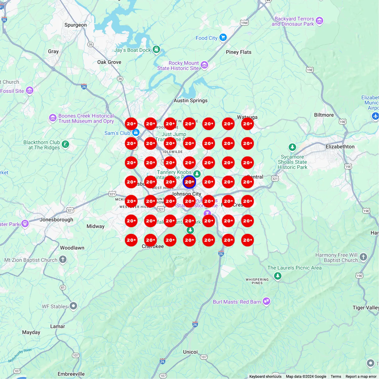 Google geo grid heatmap showing Elizabethton local search rankings before 1-FIND SEO