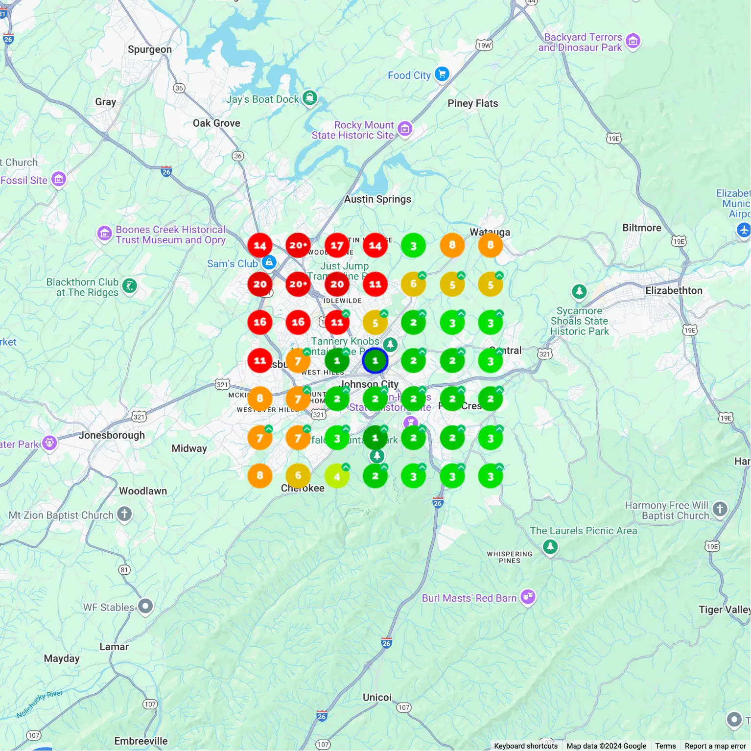 Google geo grid heatmap showing improved Elizabethton local search rankings after 1-FIND SEO
