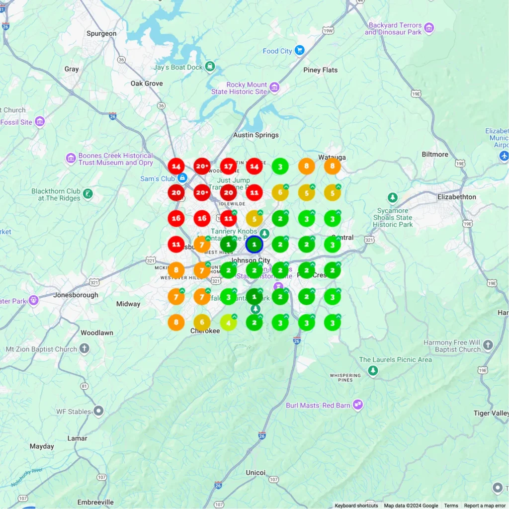 Google Map Pack grid showing improved local search rankings after 1-FIND SEO work in Johnson City