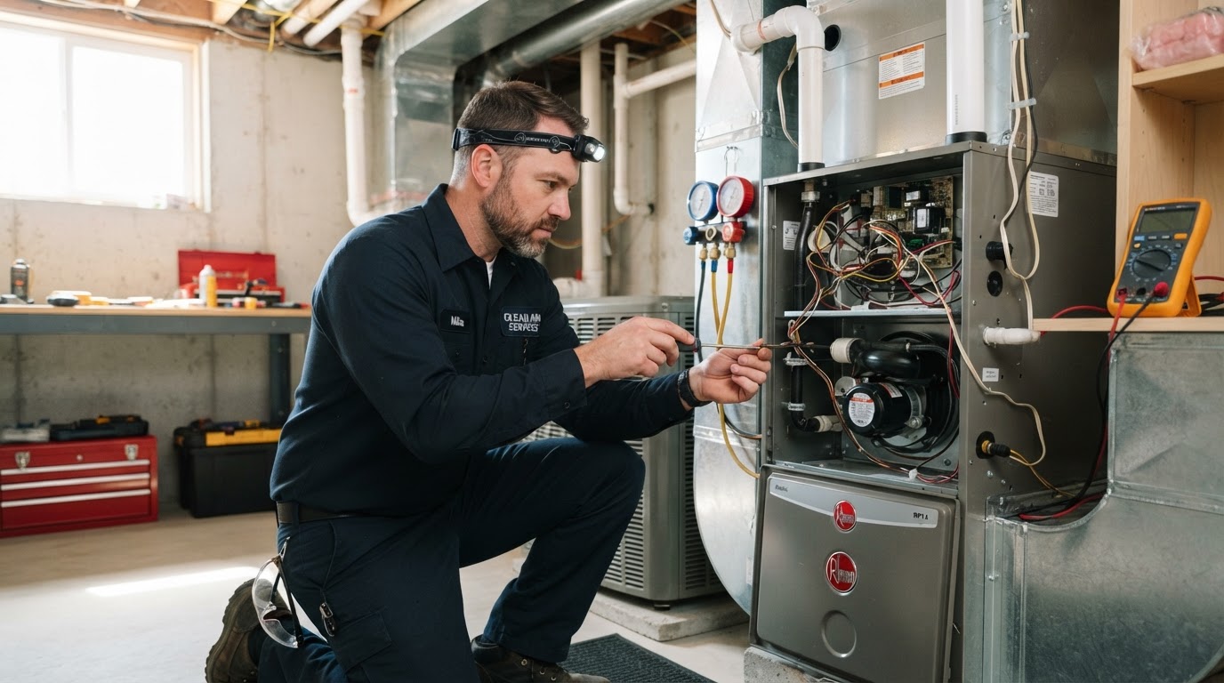 HVAC technician servicing home heating system