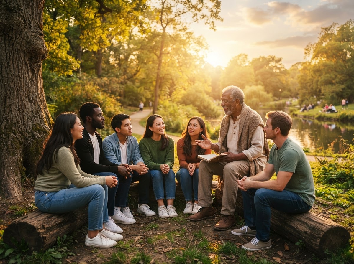 Mentor guiding community members with spiritual wisdom