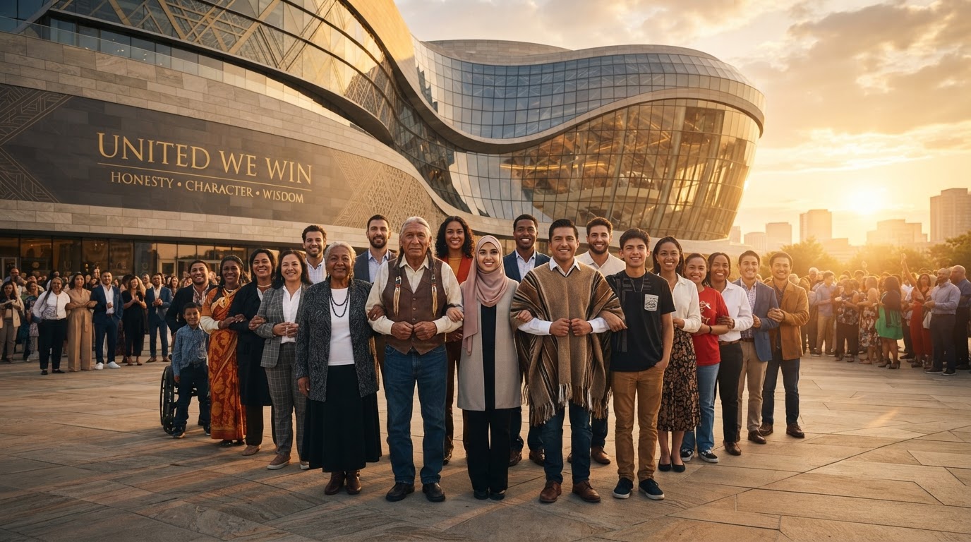 United We Win Leaders standing together in golden light