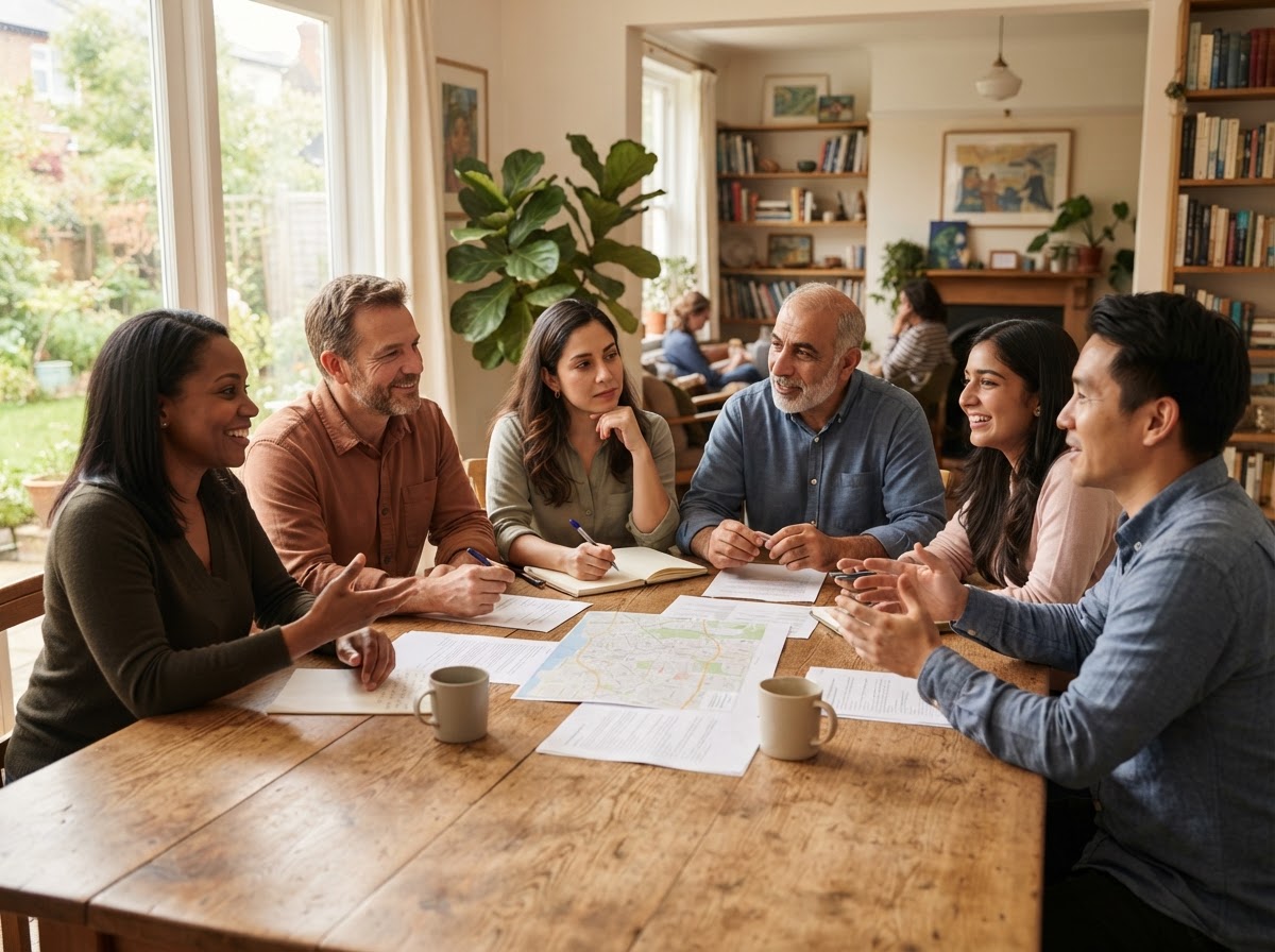 Community leaders collaborating around table with trust