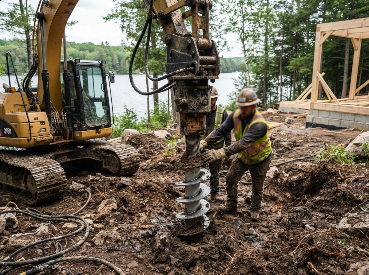 Helical pile installation on a wooded lot