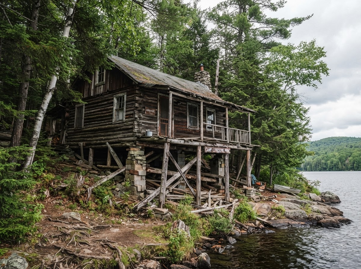 Sagging Adirondack camp on old piers