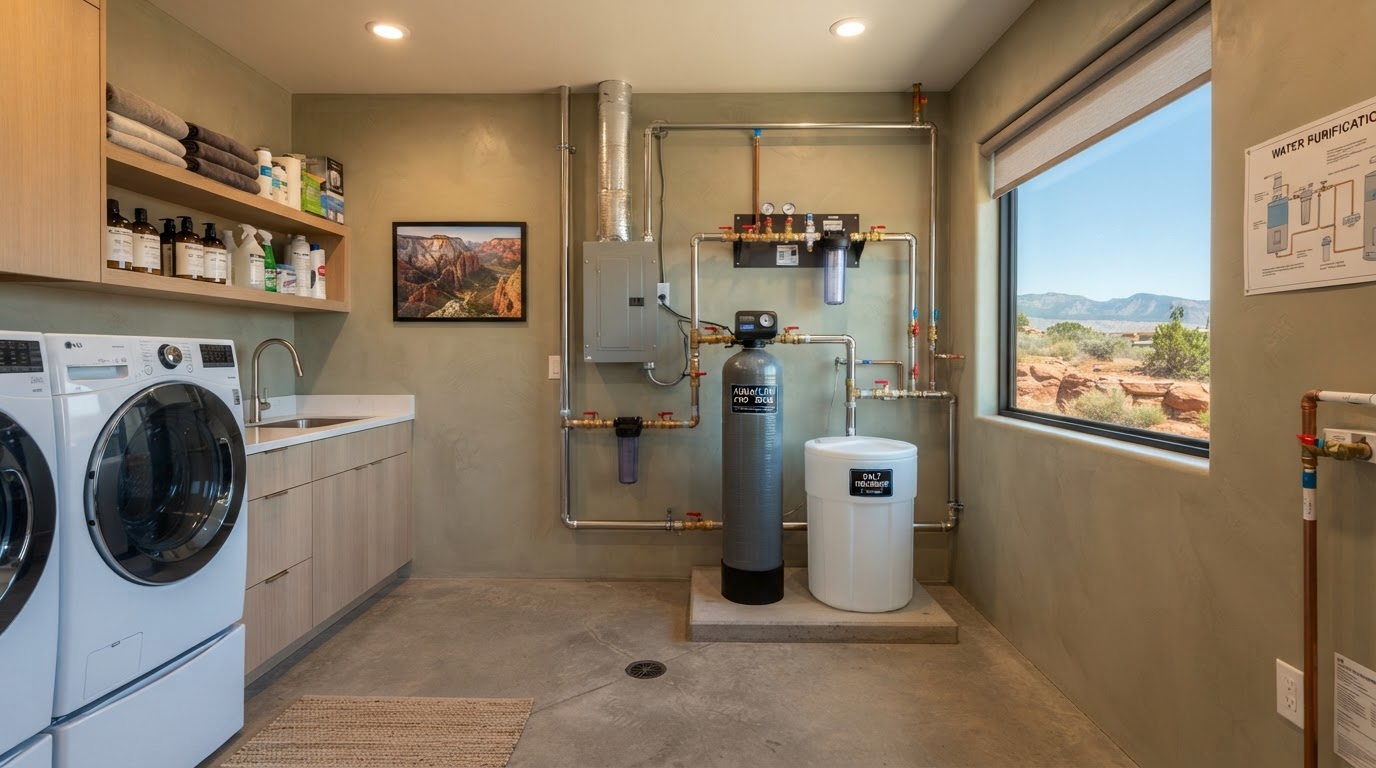 Professional water softener installation in a modern Utah residential utility room
