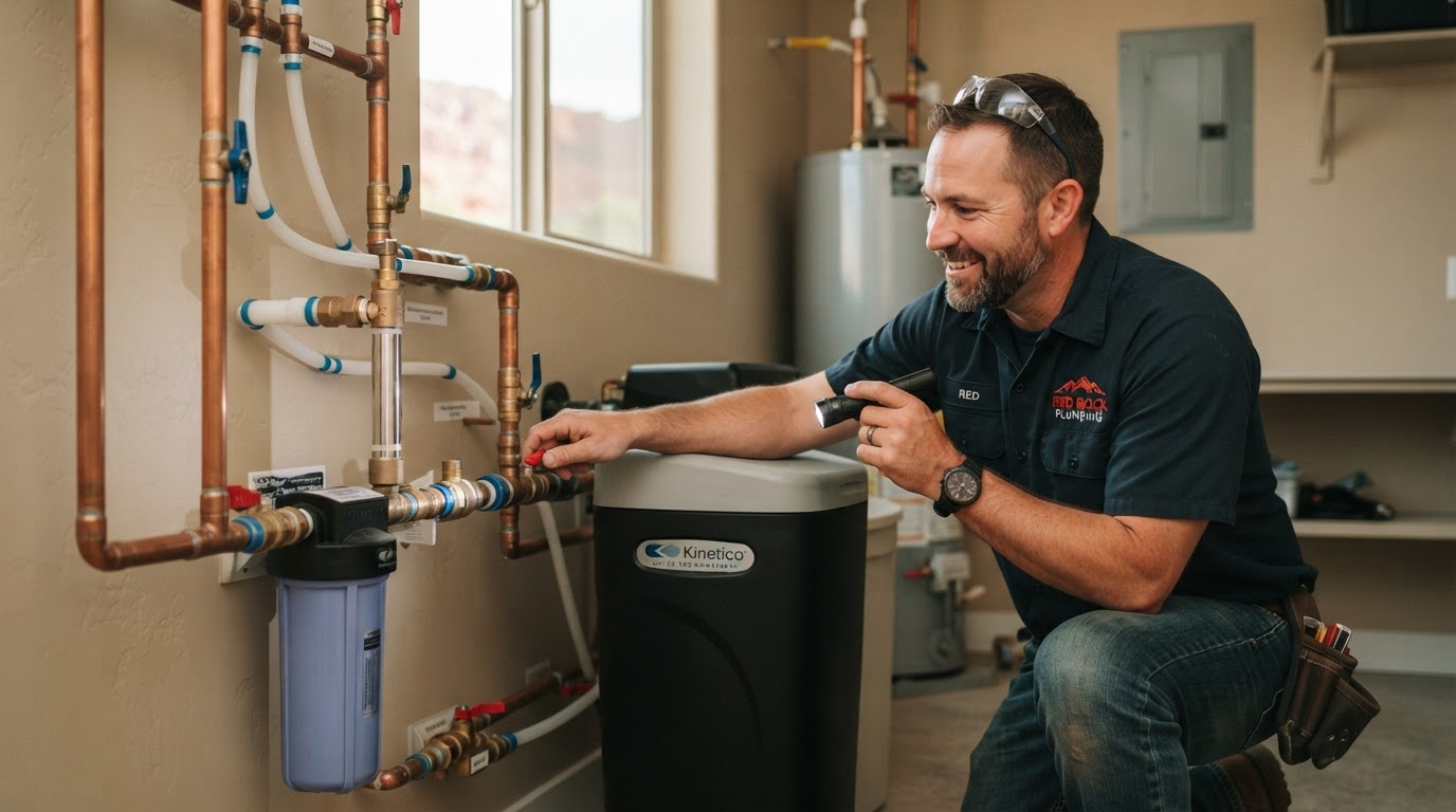 Professional plumber inspecting residential water treatment system in St. George Utah