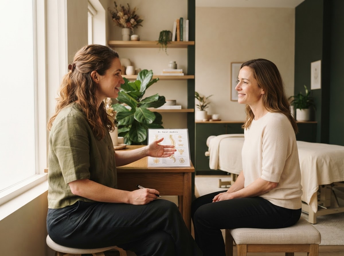 Dr. Elena Morgan attentively explaining care to a patient at Willow & Spine
