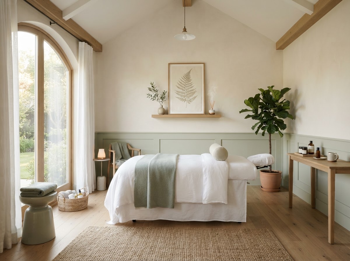 A calm, bright wellness studio interior with warm ivory walls and soft sage accents
