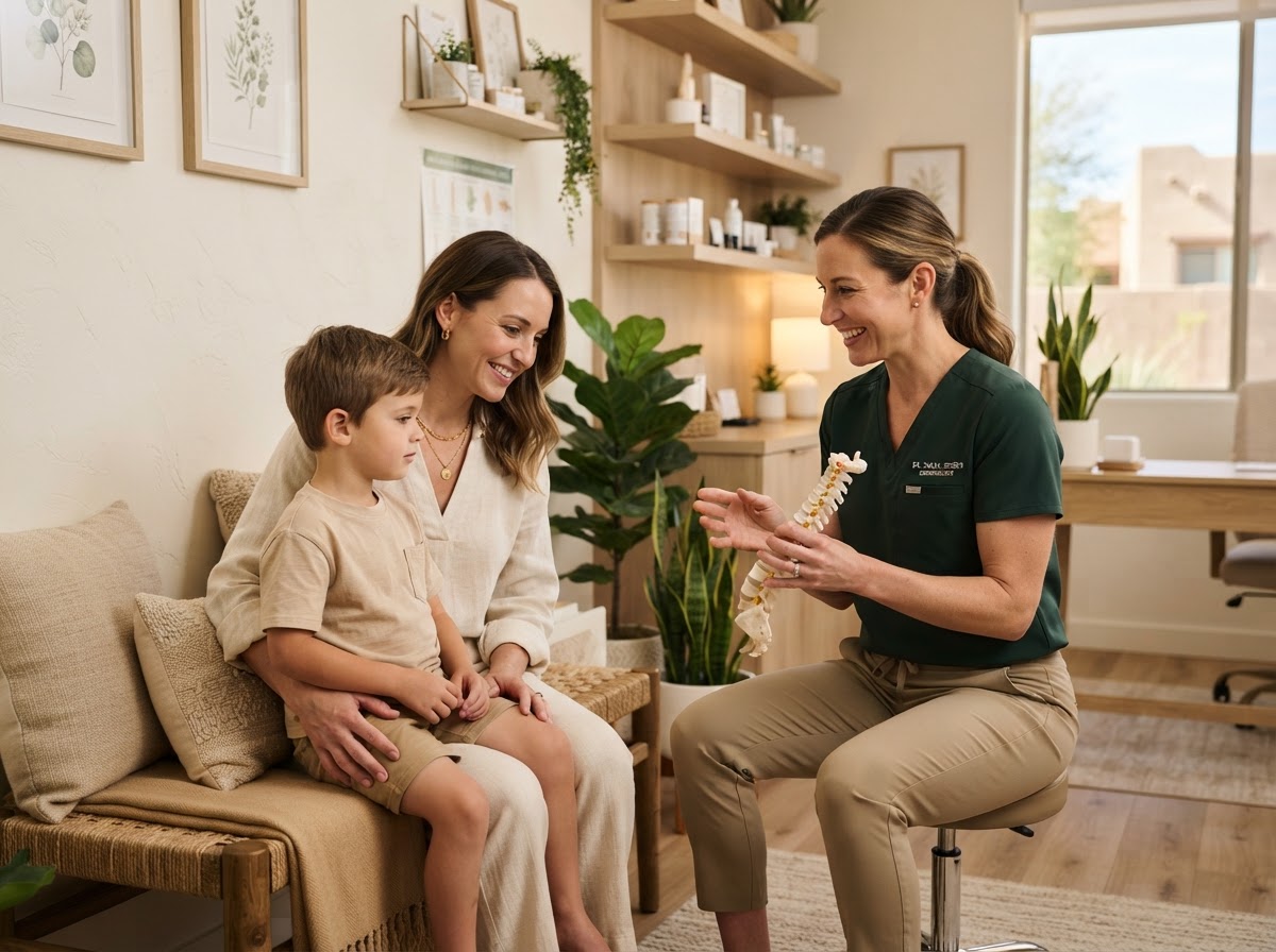 Dr. Elena Morgan attentively explaining care to a parent and child during a family chiropractic consultation at Willow & Spine