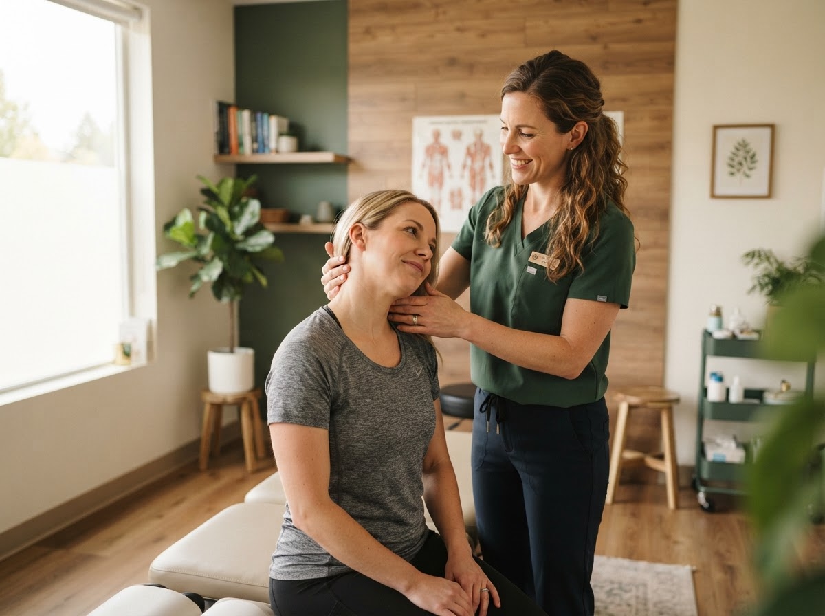 Dr. Elena Morgan guiding a patient through a gentle supportive movement during a chiropractic visit at Willow & Spine