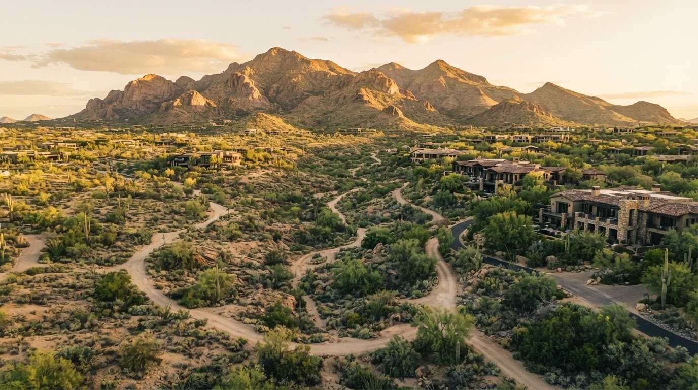 A serene view of the Scottsdale, Arizona desert landscape at golden hour with the McDowell Mountains in the distance