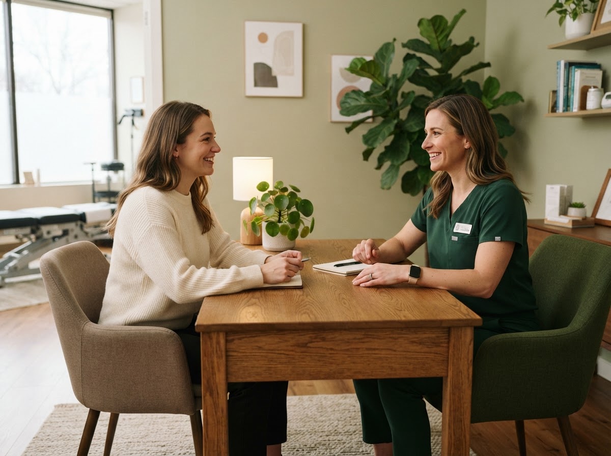 Dr. Elena Morgan in warm conversation with a patient during an initial consultation