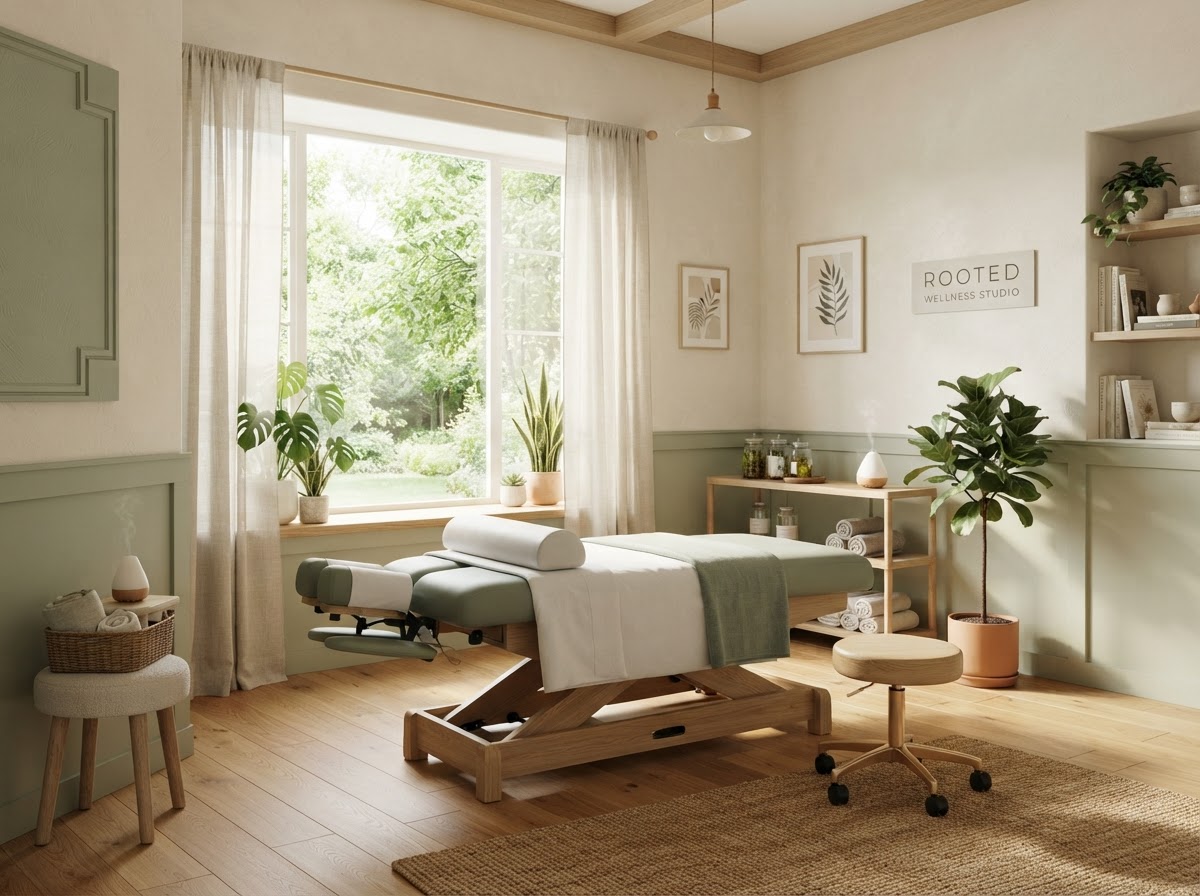 A calm, bright chiropractic wellness studio interior with warm ivory walls and soft sage accents