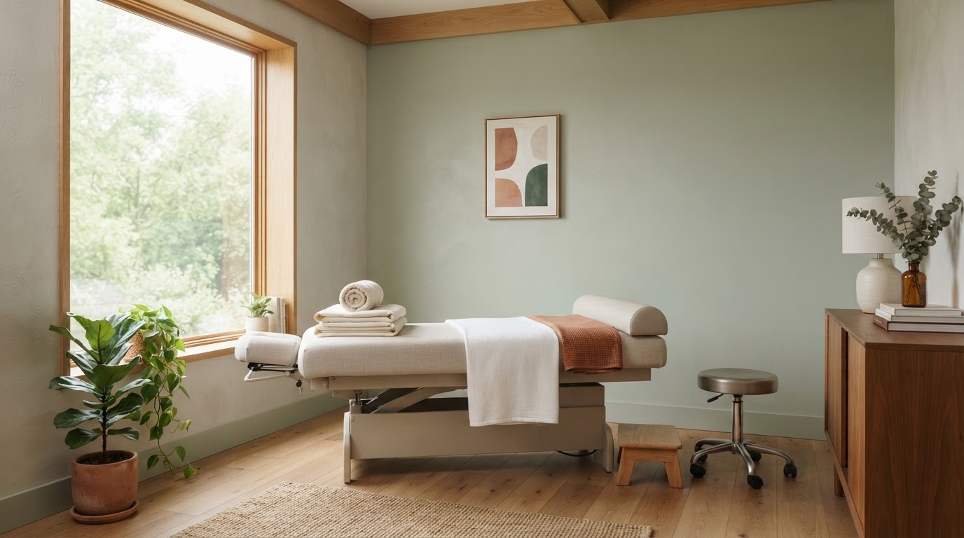 A calm chiropractic treatment room interior at Willow & Spine