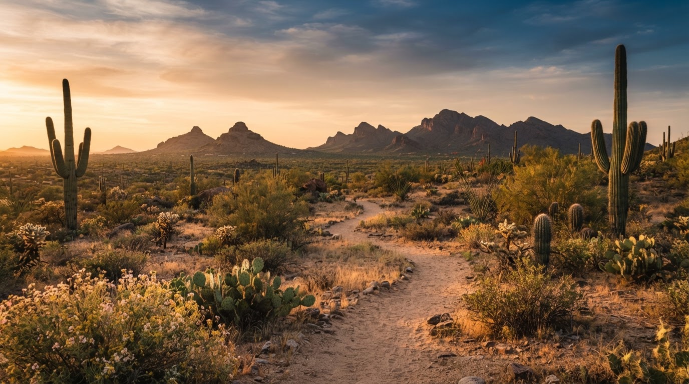 A serene desert landscape in Tempe, Arizona at golden hour with warm sandy tones and distant mountain silhouettes