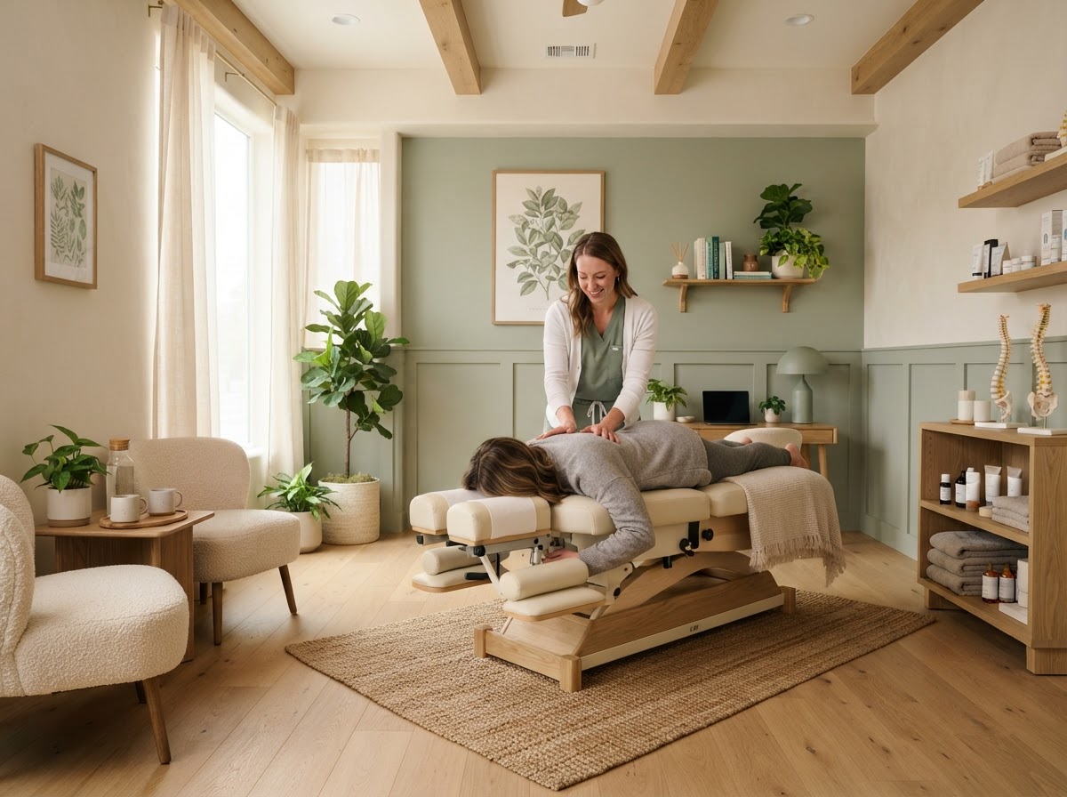 A calm, bright chiropractic wellness studio interior with warm ivory walls and soft sage accents