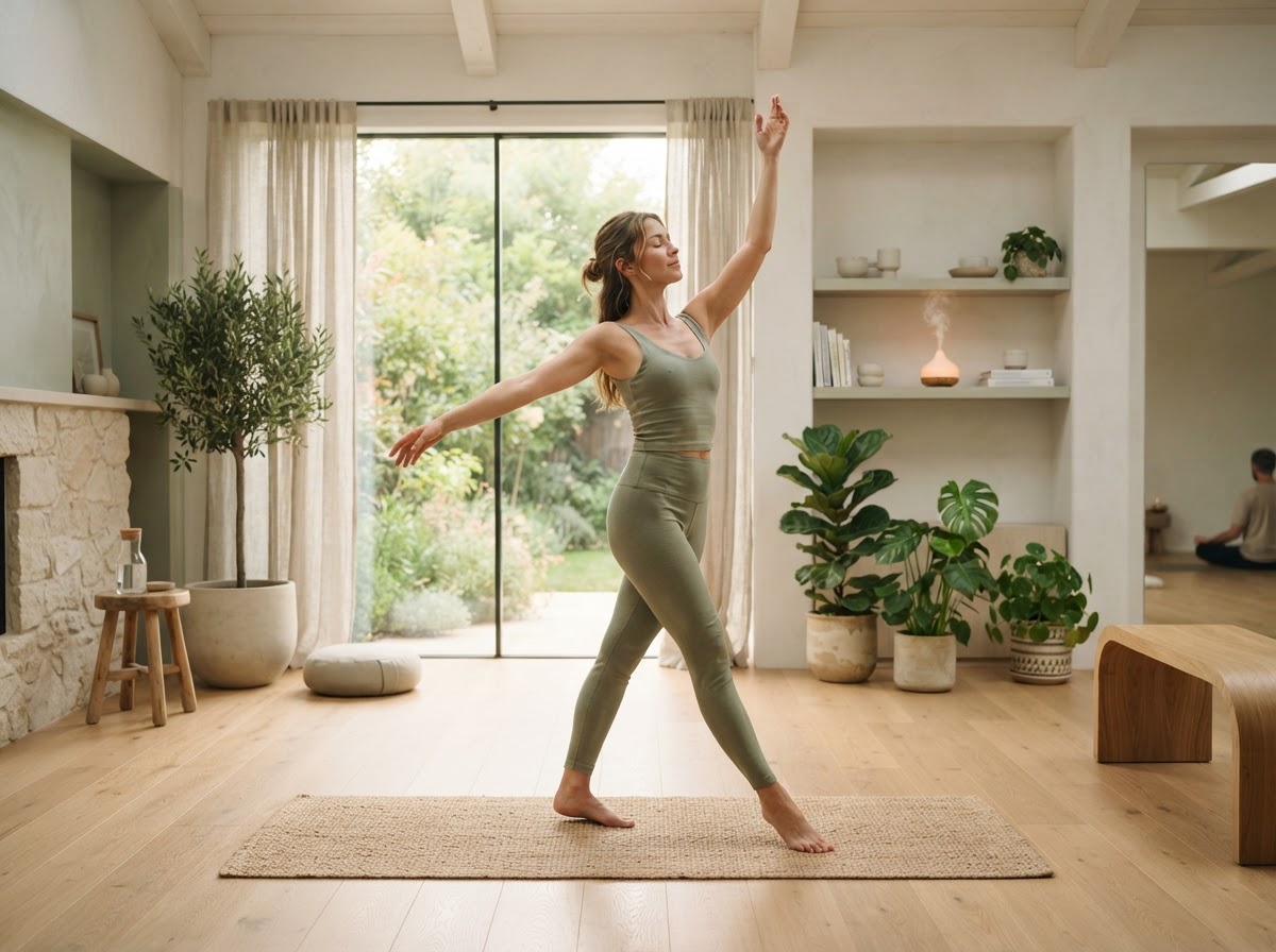 A person moving gently and mindfully in a serene, bright wellness space near Gainey Ranch