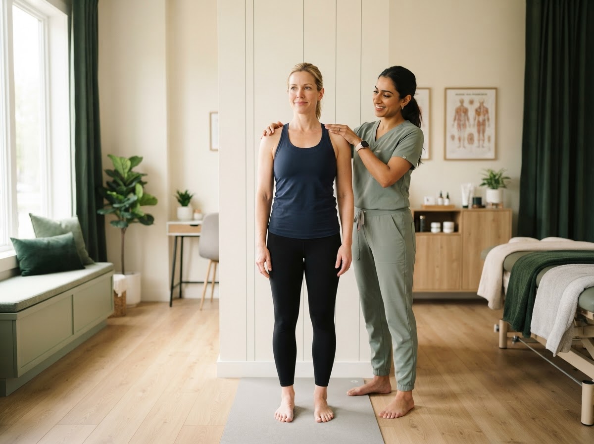 Dr. Elena Morgan gently guiding a patient through a posture assessment at Willow & Spine