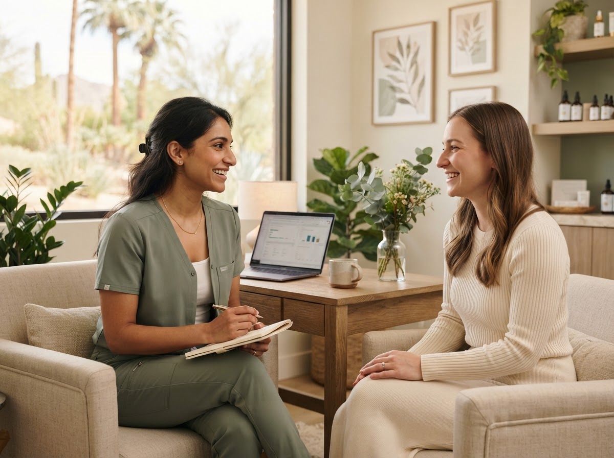 Dr. Elena Morgan in calm conversation with a patient during a wellness chiropractic visit at Willow & Spine