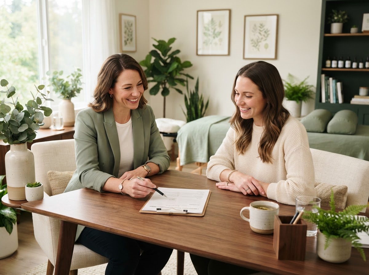 Dr. Elena Morgan reviewing a personalized care plan with a patient at Willow & Spine