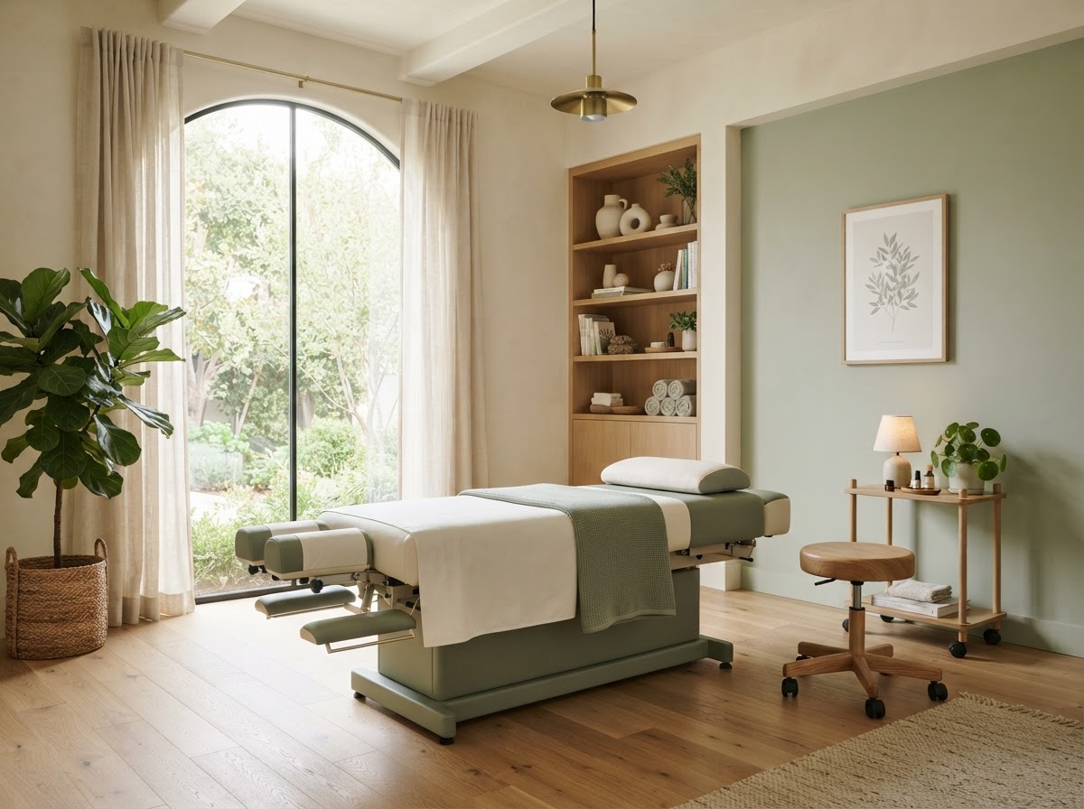 A calm, bright chiropractic wellness studio interior with warm ivory walls and soft sage accents