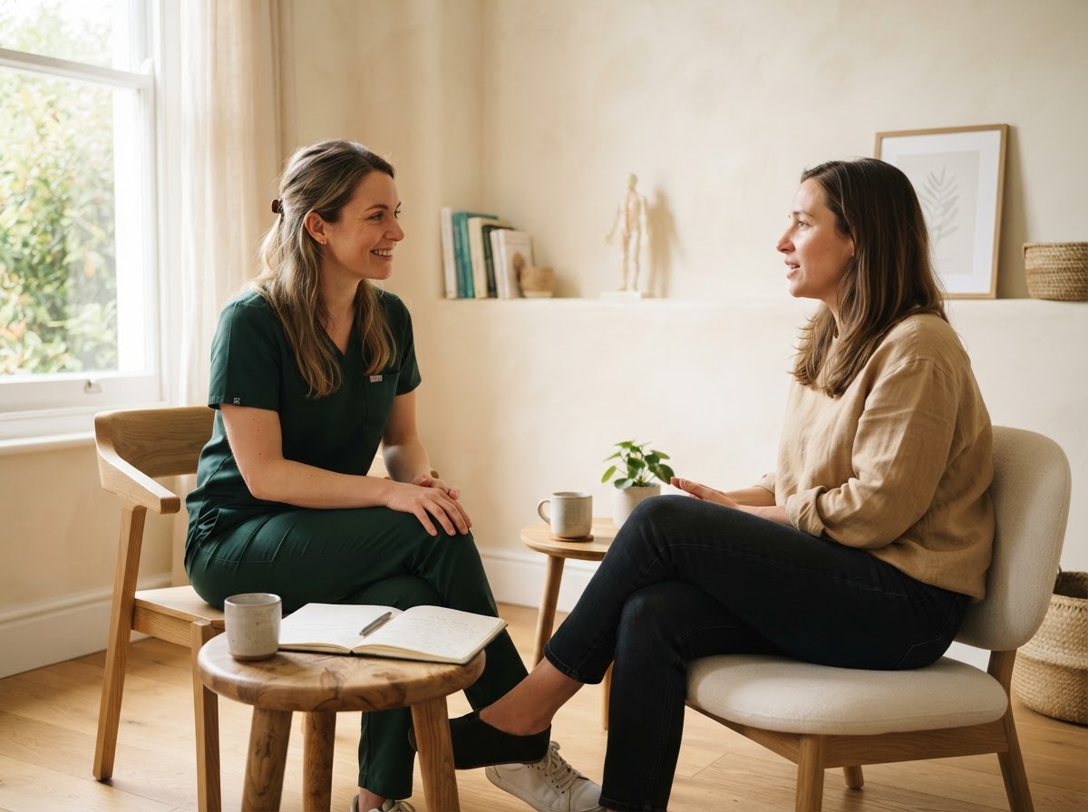 Dr. Elena Morgan in conversation with a patient during a consultation
