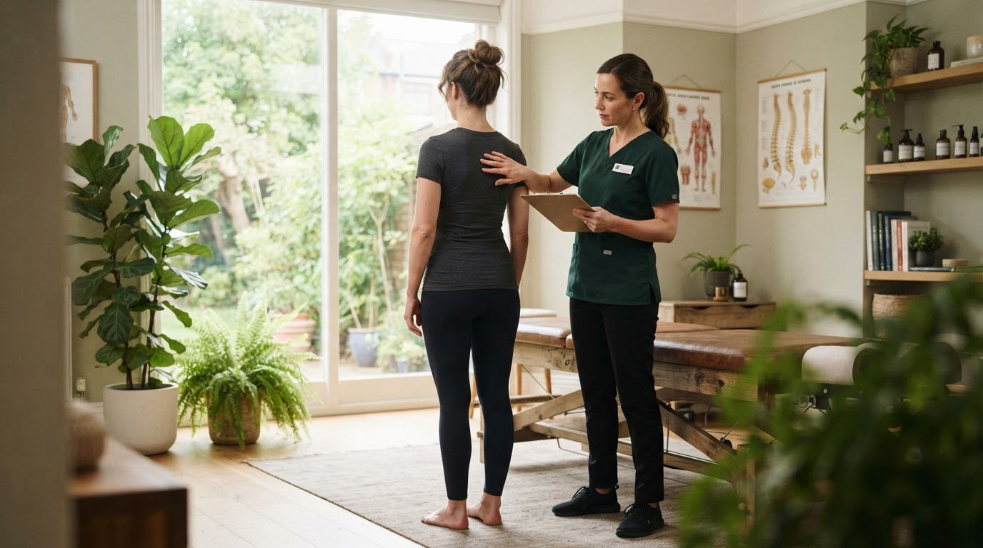 Dr. Elena Morgan evaluating a patient's posture during a comprehensive chiropractic assessment