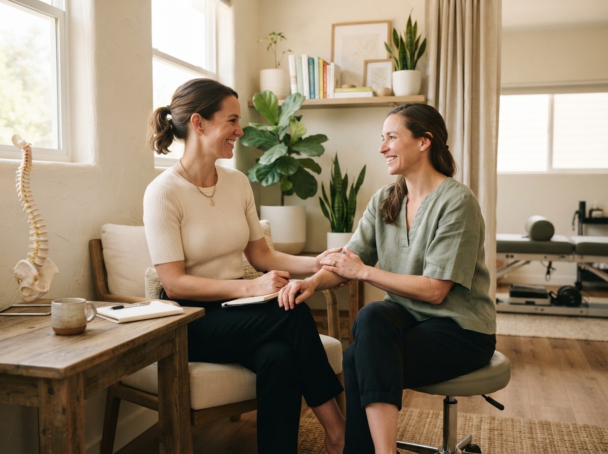 Dr. Elena Morgan in a thoughtful consultation with a patient at Willow & Spine