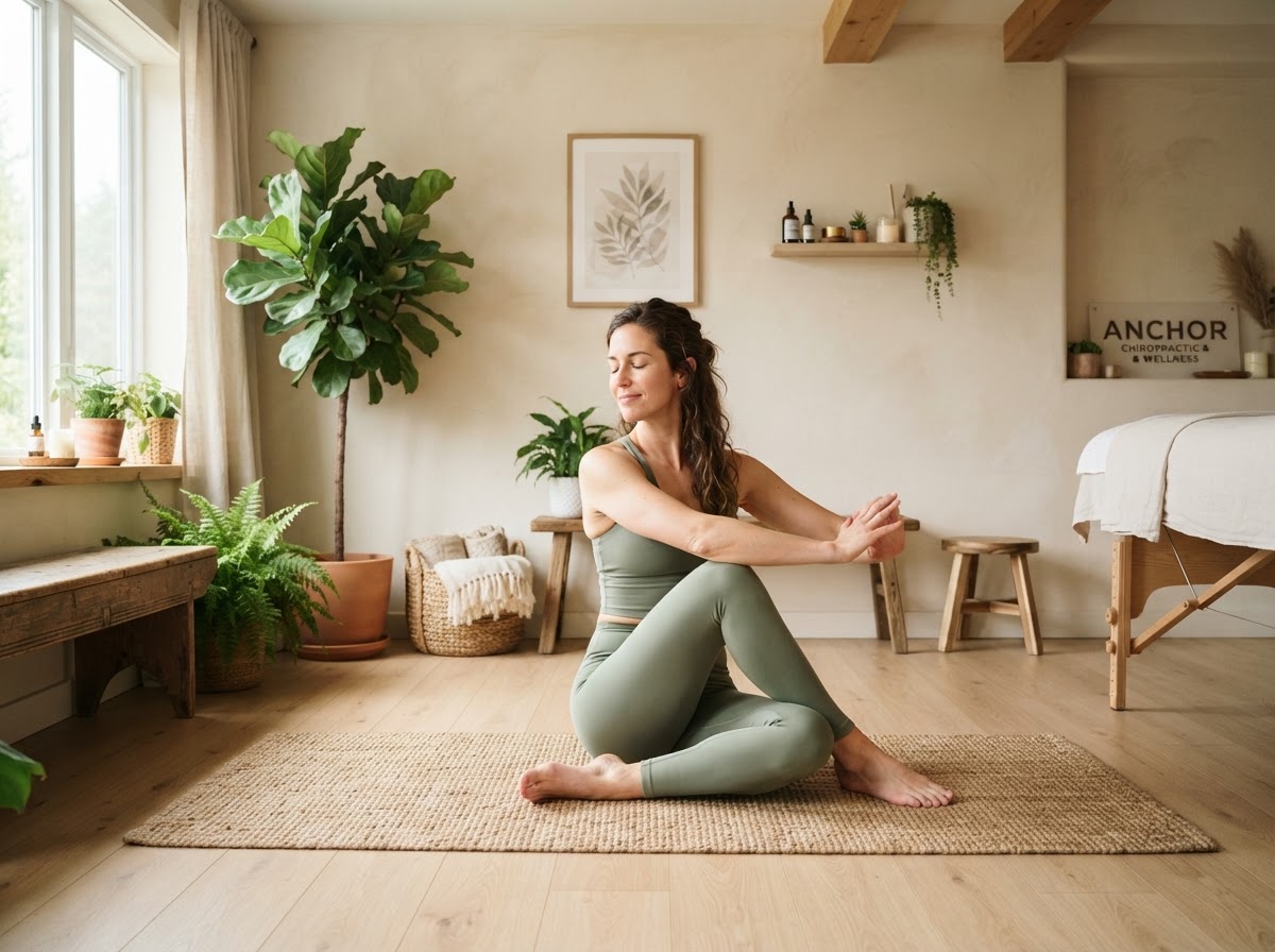 A woman doing gentle mobility stretches in a bright, calm chiropractic wellness studio near McCormick Ranch