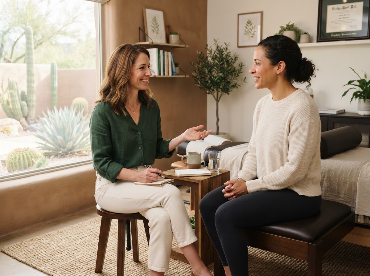 Dr. Elena Morgan in calm conversation with a patient during a maintenance chiropractic visit at Willow & Spine