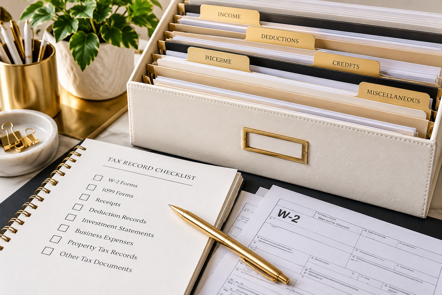 Tax record checklist, organizer box with income and deduction tabs, and gold pen.