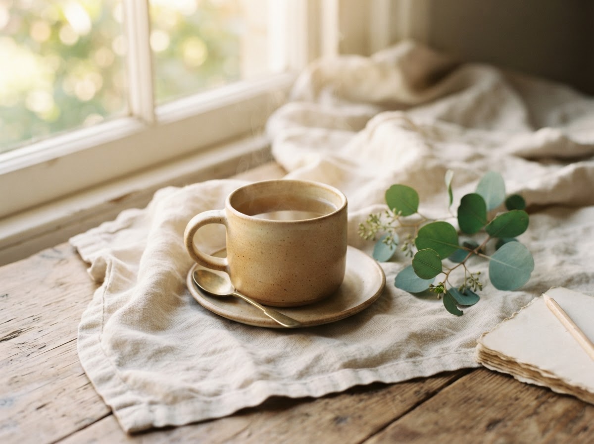 A calming still life with herbal tea and linen