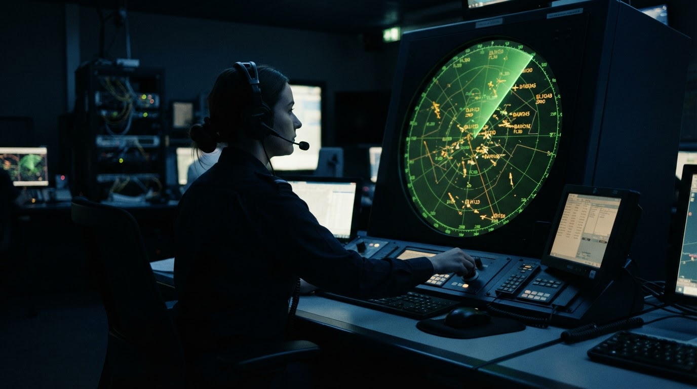 Air traffic controller at a radar scope wearing ControllerShirts apparel