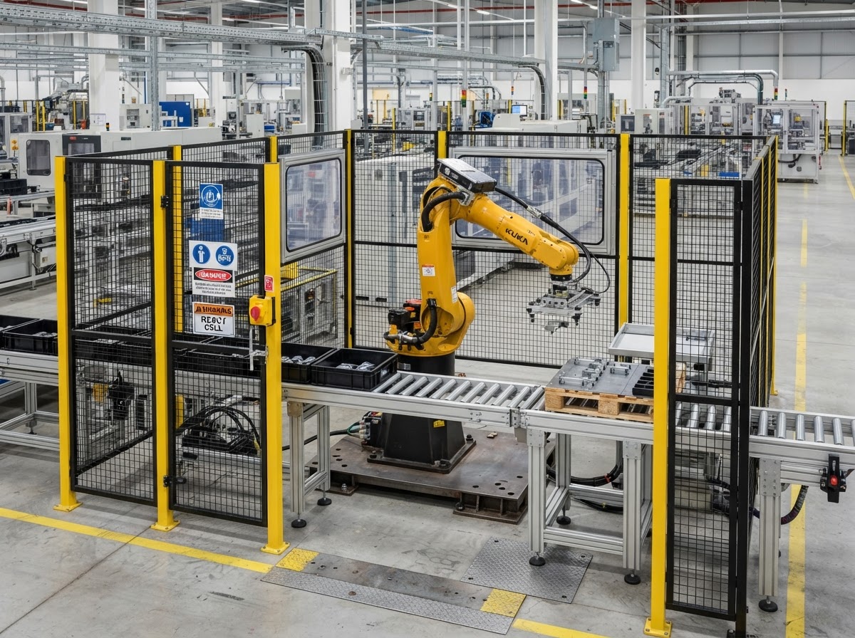 Industrial robotic cell with 6-axis robot arm inside a Troax-style steel mesh safety enclosure with conveyor integration — no people