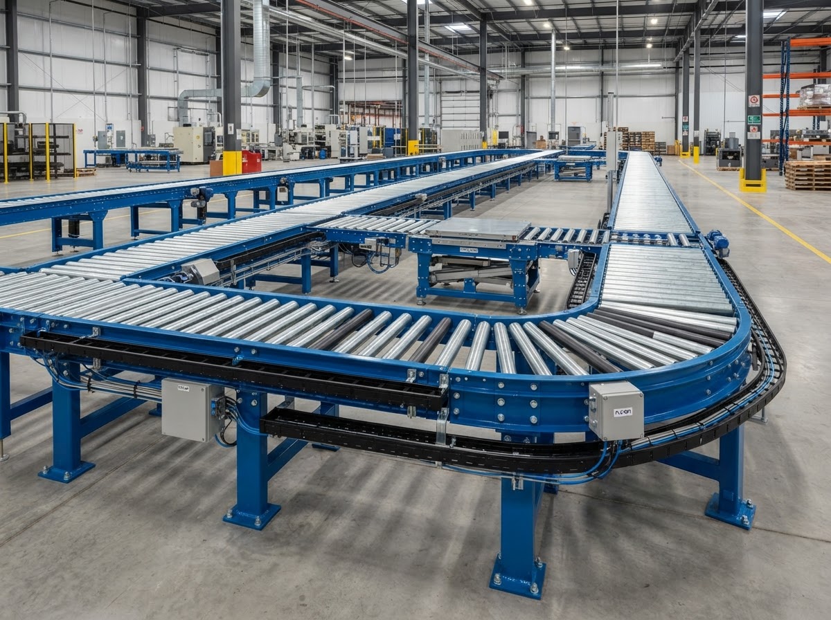 Precision aligned powered roller conveyor installation with blue steel support frames, anchored footings and transfer modules — no people