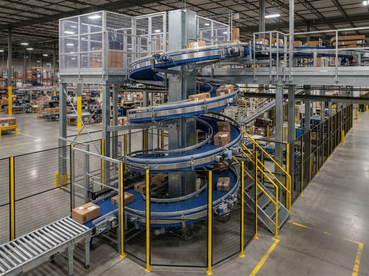Industrial vertical spiral conveyor system with continuous modular belt, steel support structure, connected infeed/discharge lines and perimeter safety mesh — no people