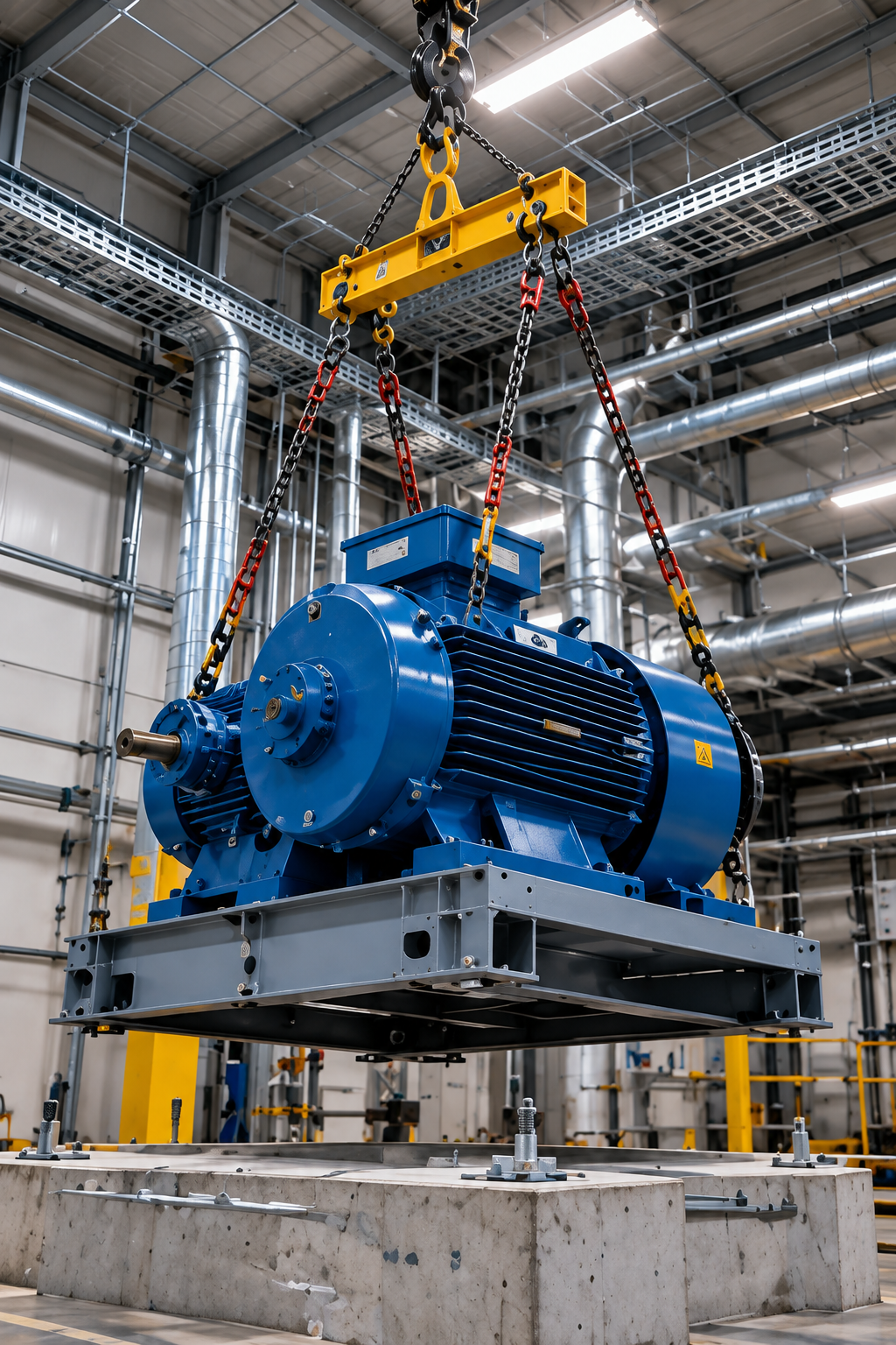 Heavy industrial blue electric motor and drive skid assembly being precision-lifted by overhead crane rigging and spreader beam onto concrete foundation plinth — no people