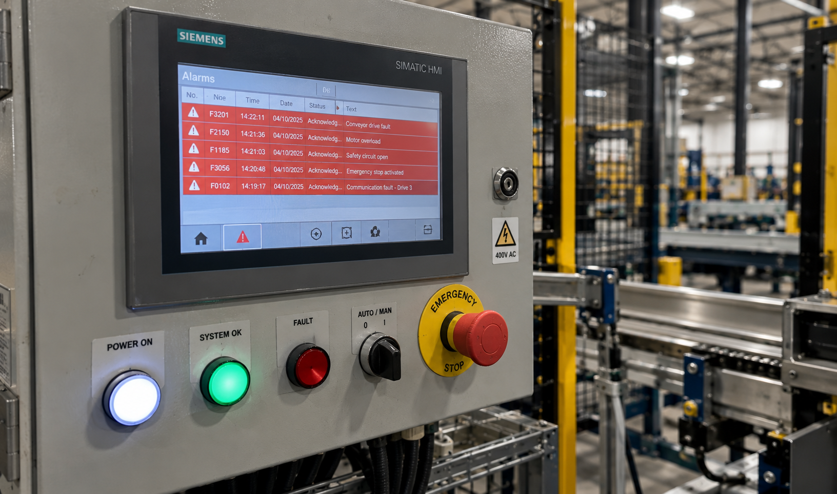 Industrial HMI control panel showing active conveyor drive and motor overload fault alarms with emergency stop button beside automated conveyor line — no people