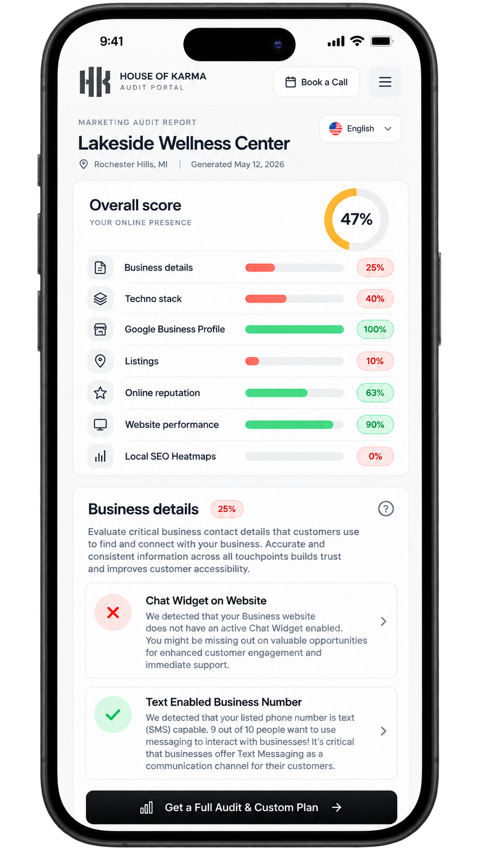 Sample House of Karma Practice Visibility Snapshot report on a phone screen showing overall score, business details, Google Business Profile, listings, and local SEO metrics