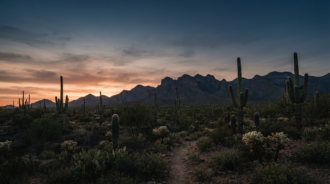 Saguaro cacti silhouetted against the mountains near Tucson at sunset