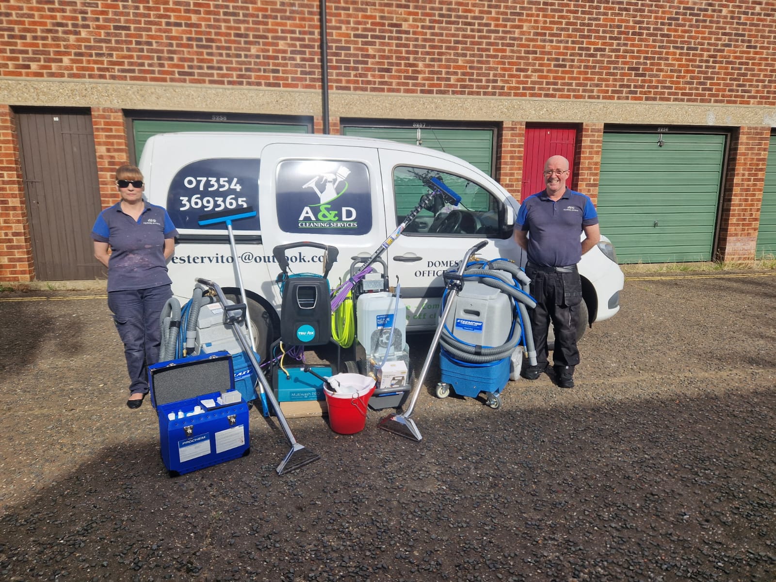 A & D Cleaning Services branded van and founders Angela & David in Norwich & Norfolk